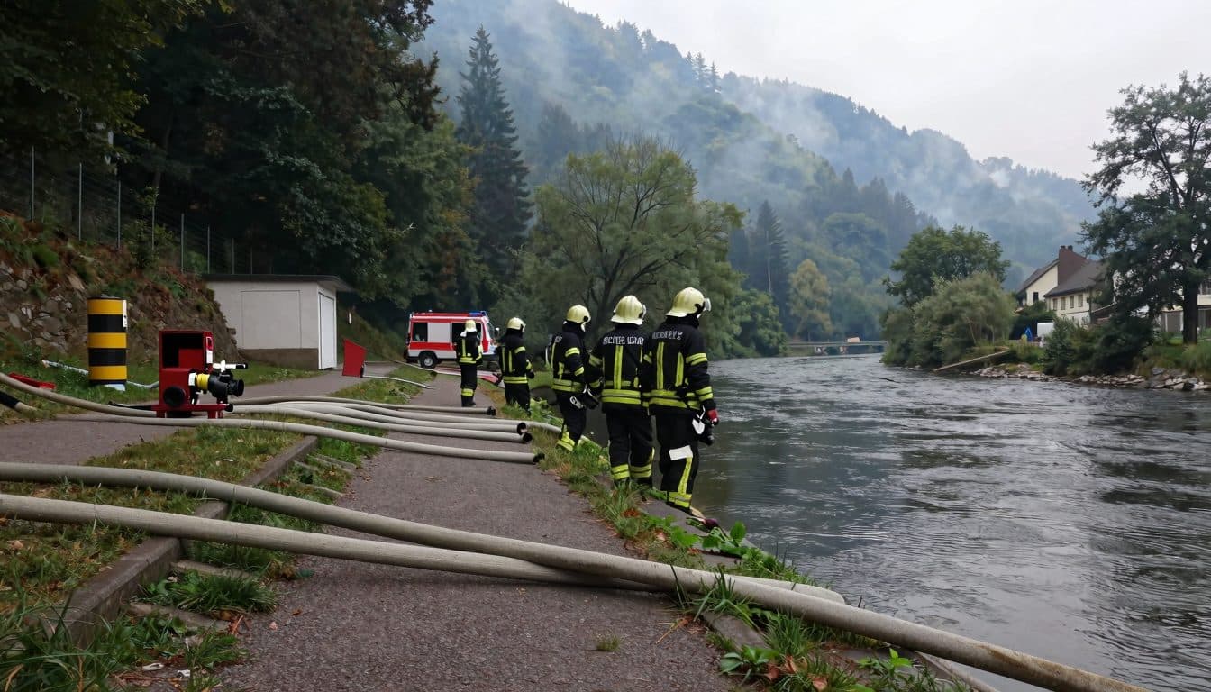 Waldbrand bei Schramberg: Feuerwehr hält Löschwasserversorgung aus der Schiltach aufrecht