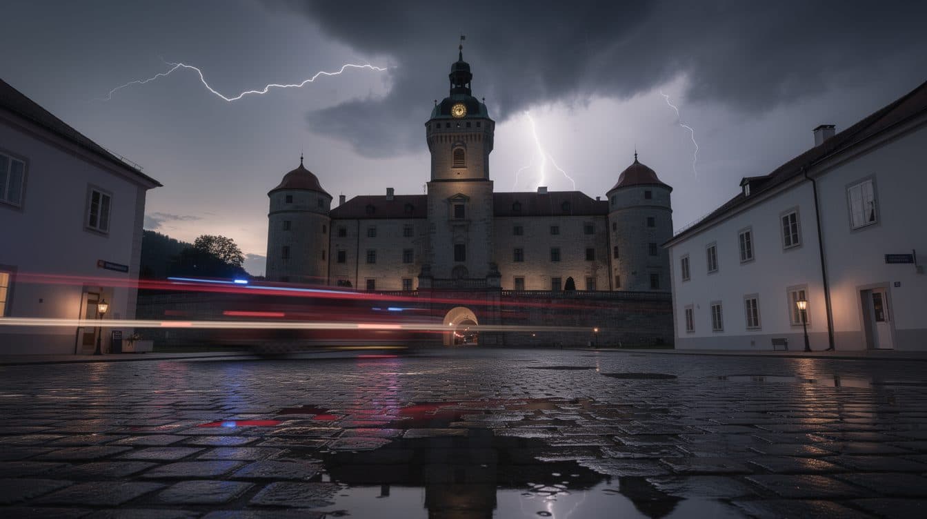Heftige Gewitterfront löst Feuer in Schloss Dobersberg und Dutzende Einsätze in Österreich aus