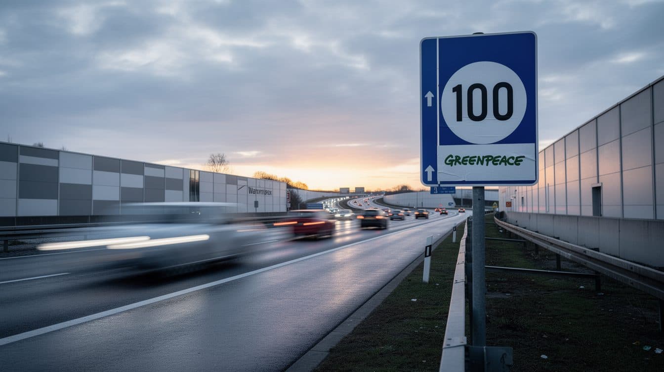Greenpeace-Aktivisten überkleben Tempolimit-Schilder an Autobahnen mit Tempo-100-Aufklebern