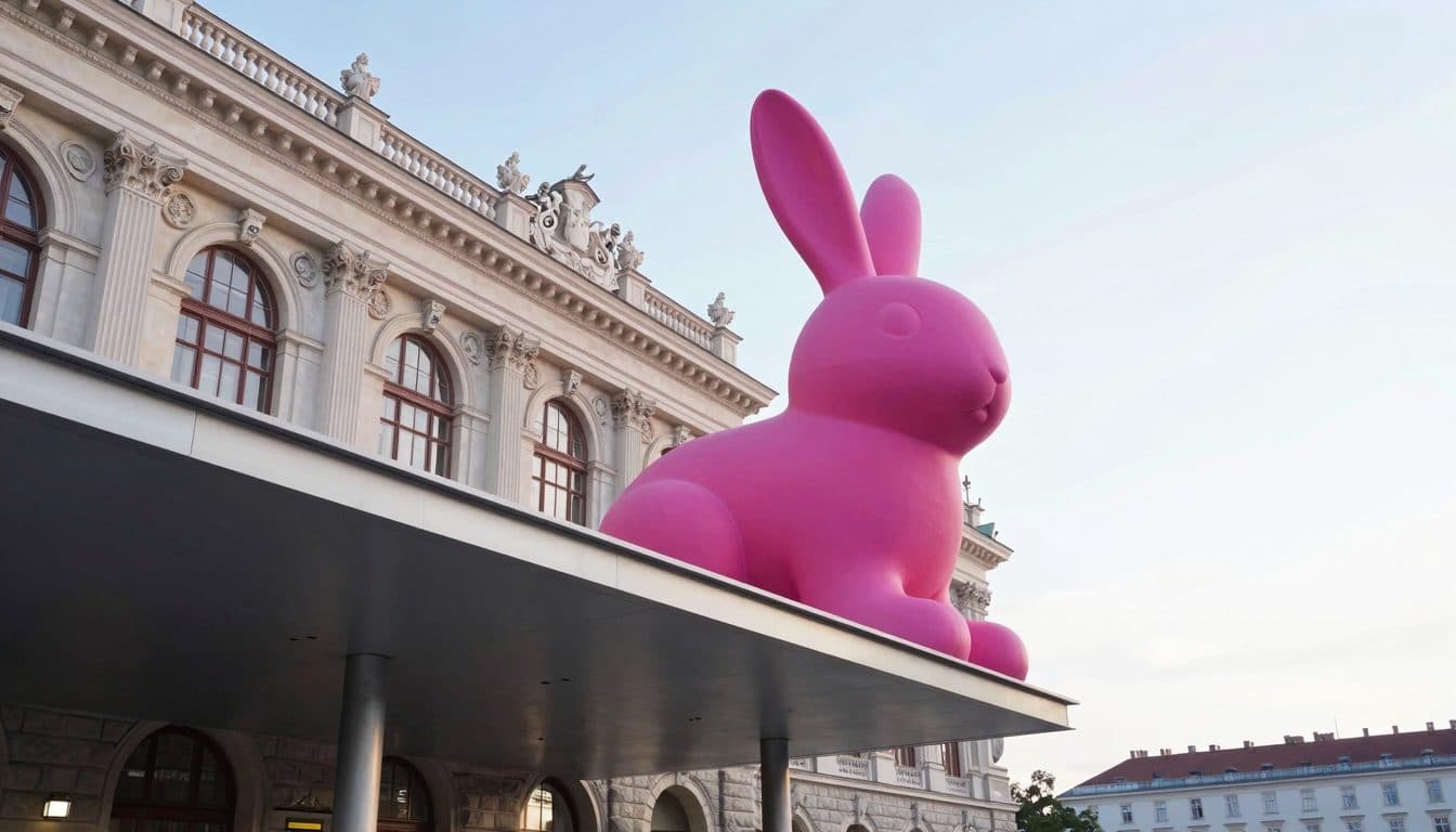 Riesiger pinker Hase thront zur Albertina-Jubiläumswoche auf dem Flugdach in Wien