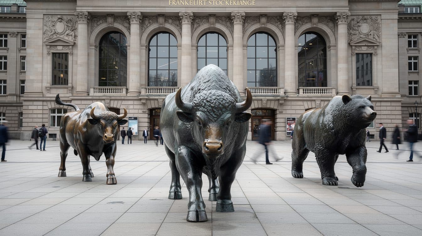Bison-Skulptur der Börse Stuttgart steht für einen Tag neben Bulle und Bär in Frankfurt