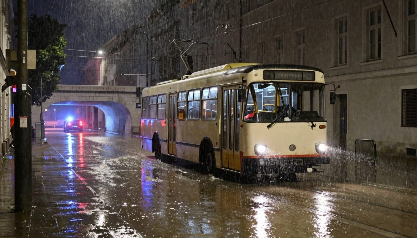 Heftiges Unwetter über Salzburg beschädigt Obusse und flutet Unterführungen