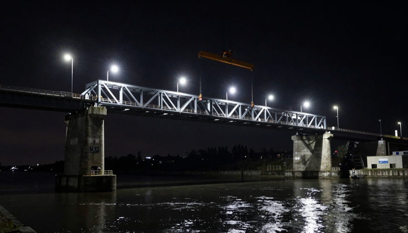 Mittelstück der neuen Rader Hochbrücke wird über den Nord-Ostsee-Kanal eingehoben