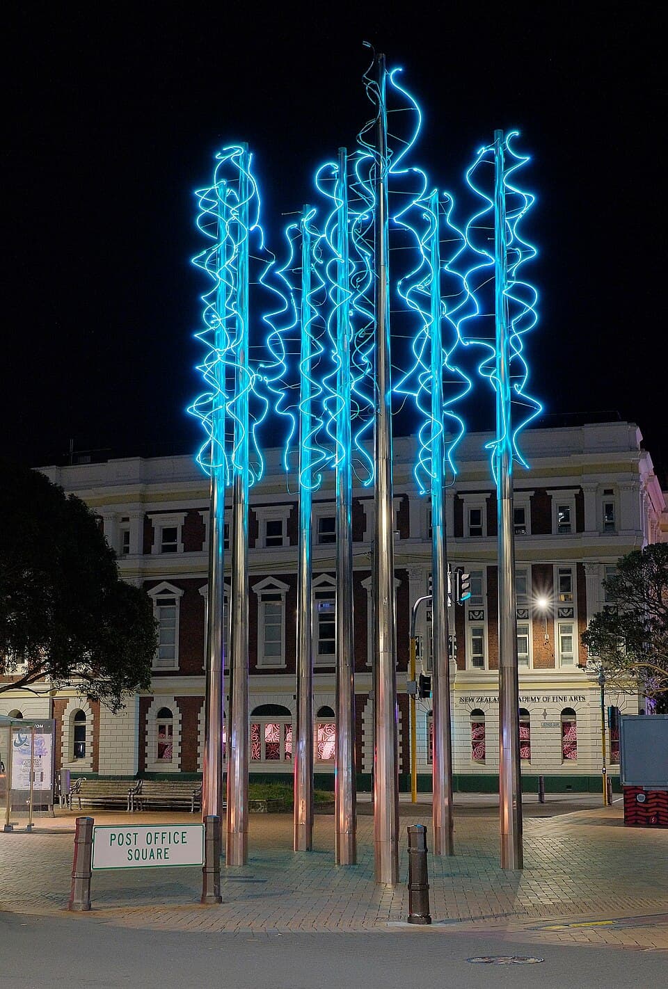 'SkyBlues' sculpture lit up at night