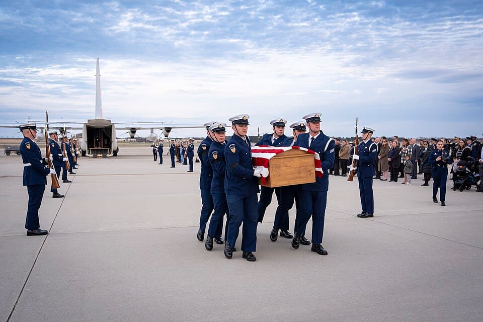 Dignified transfer of United States Coast Guard Petty Officer Tyler Jaggers at Joint Base Andrews in Maryland on March 25, 2026