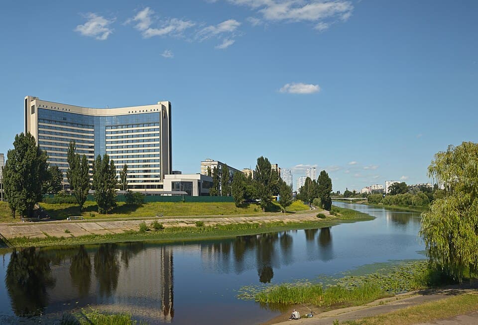 Rusanivka Canal and Hotel Slavutych. Kyiv, Ukraine