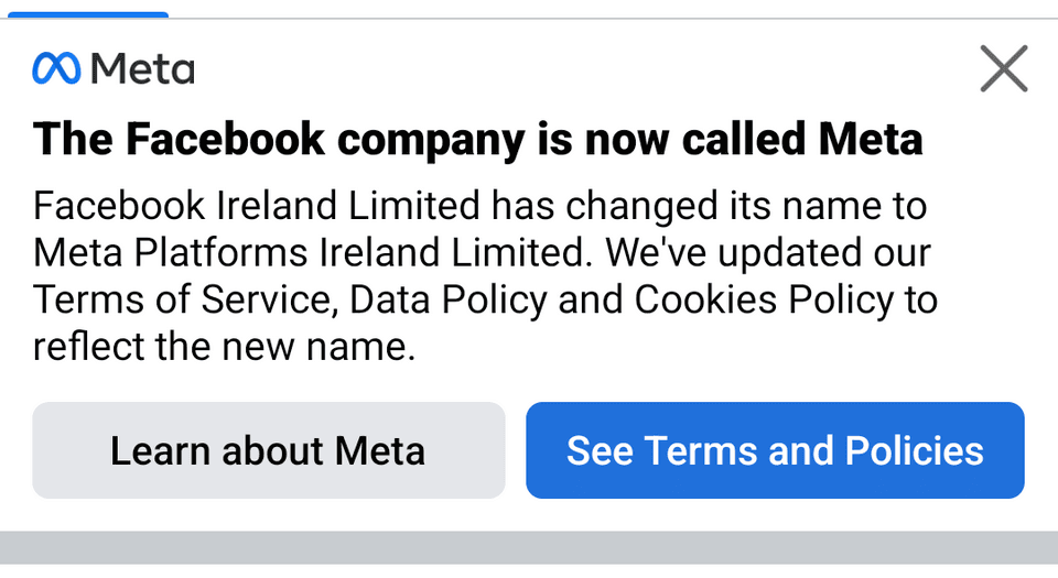 Facebook Ireland Limited has changed its name to Meta Platforms Ireland Limited (2022)
